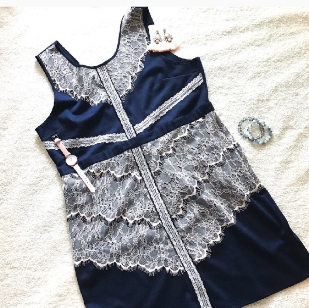 NWT Navy Sheath Dress with Pink Lace